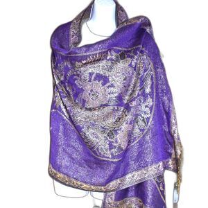 Shimmering Gold Silver Purple Floral Paisley Wrap Scarf